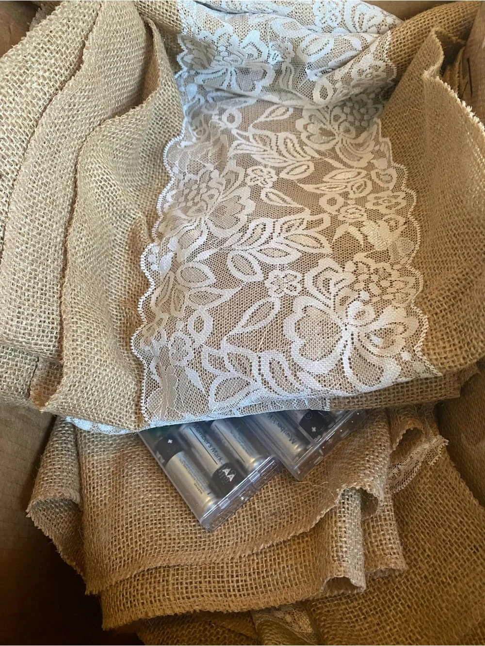 Ivory Floral Lace Trim Burlap Table Runner or Fabric